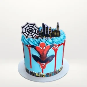 Spider Man drip cake with bold superhero colours and smooth buttercream finish handcrafted in Birmingham.