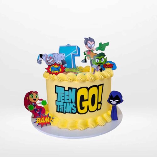 Teen Titans Go themed cake with bold superhero colours and smooth buttercream finish handcrafted in Birmingham.