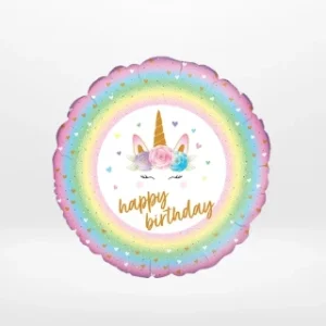 Unicorn balloon with colourful magical-themed design from Cake Shop Birmingham.