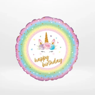 Unicorn balloon with colourful magical-themed design from Cake Shop Birmingham.