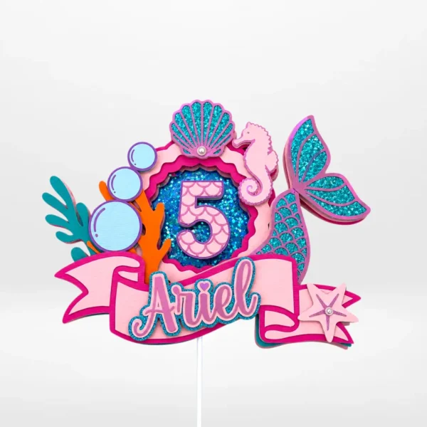 Personalised layered 3D mermaid cake topper with mermaid tail, seashell, and ocean decorations.